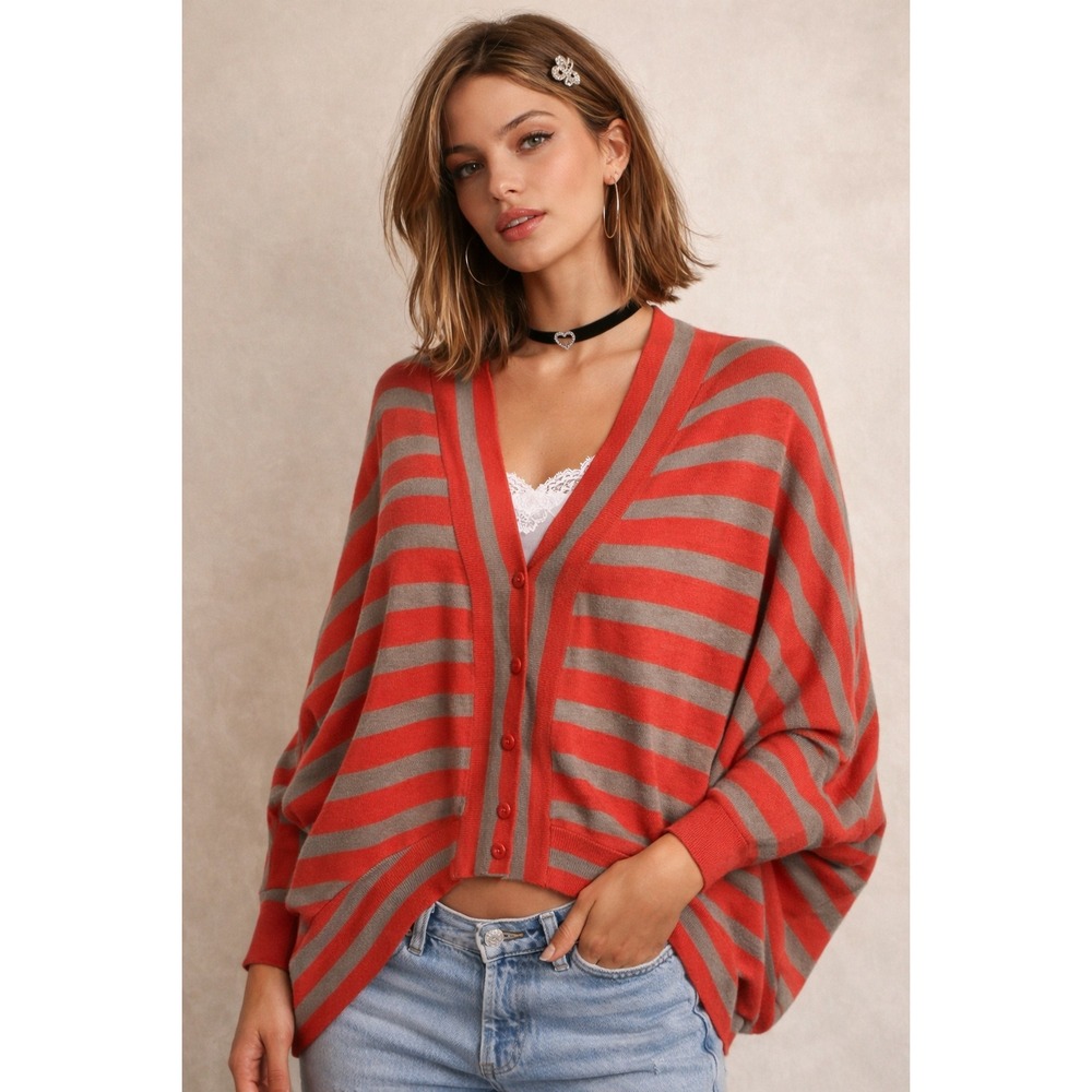 BCBG Early‎ 2000s Y2K Merino Wool Dolman Cardigan XS Striped Batwing Sweat